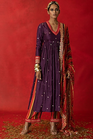 Purple Printed Anarkali Set by Pooja & Keyur