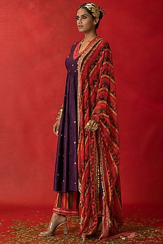 Multi-Colored Organza Stripe Printed & Embroidered Dupatta by Pooja & Keyur
