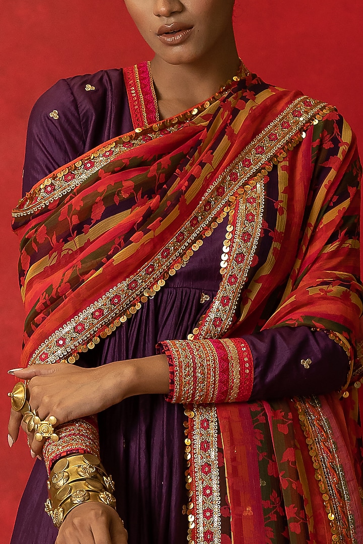 Multi-Colored Organza Stripe Printed & Embroidered Dupatta by Pooja & Keyur at Pernia's Pop Up Shop