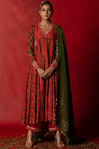 Olive Green Printed Anarkali Set by Pooja & Keyur