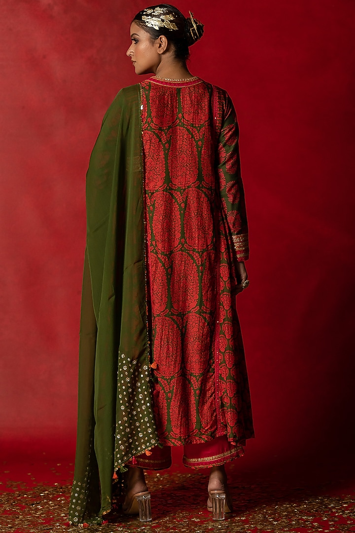 Olive Green Printed Wedding Anarkali Set by Pooja & Keyur at Pernia's Pop Up Shop