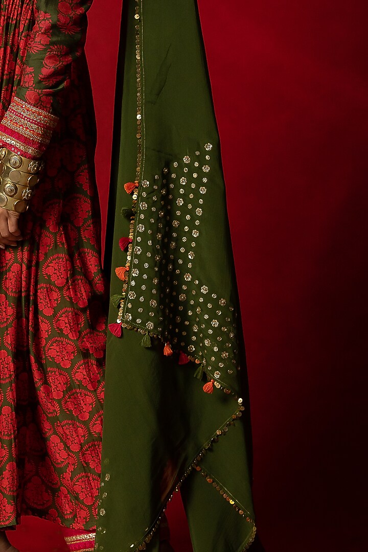 Olive Green Organza Embroidered Dupatta by Pooja & Keyur at Pernia's Pop Up Shop