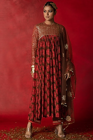 Brown Printed Anarkali Set by Pooja & Keyur