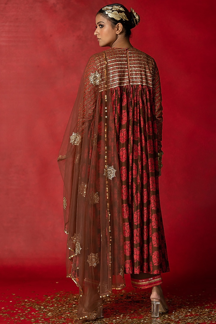 Brown Printed Wedding Anarkali Set by Pooja & Keyur at Pernia's Pop Up Shop