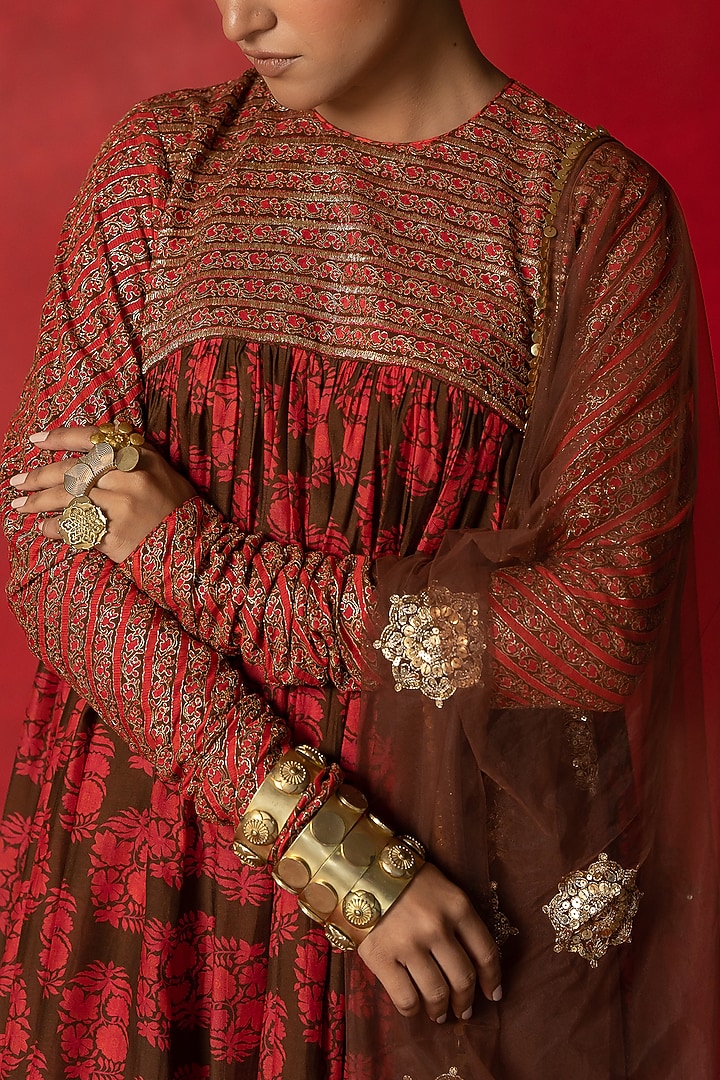 Brown Printed Wedding Anarkali Set by Pooja & Keyur at Pernia's Pop Up Shop