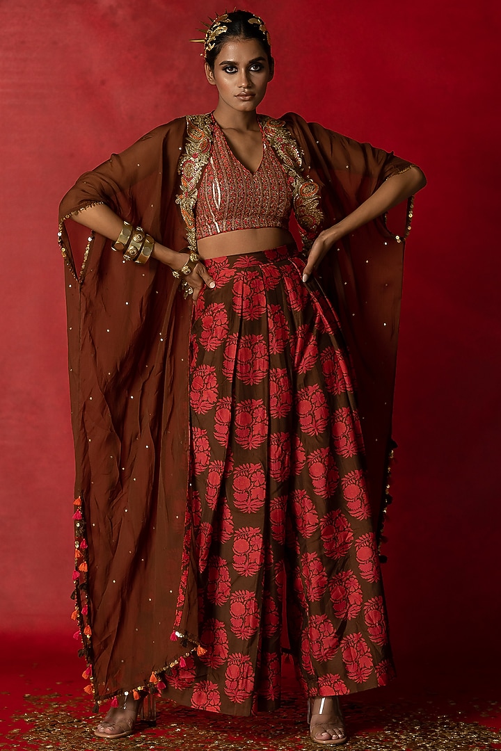 Brown Printed Cape Set by Pooja & Keyur at Pernia's Pop Up Shop