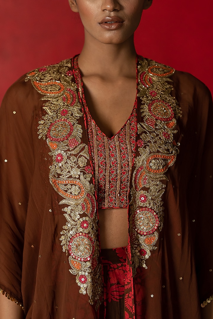 Brown Printed Cape Set by Pooja & Keyur at Pernia's Pop Up Shop