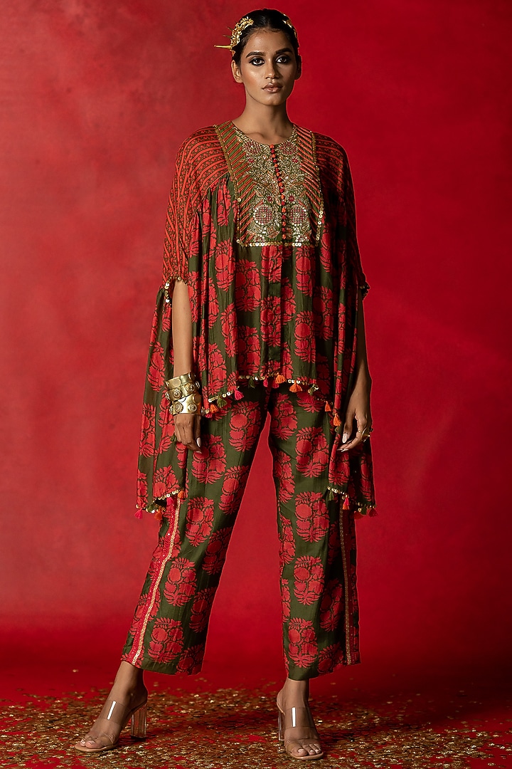 Olive Green Cotton Silk Co-Ord Set by Pooja & Keyur at Pernia's Pop Up Shop