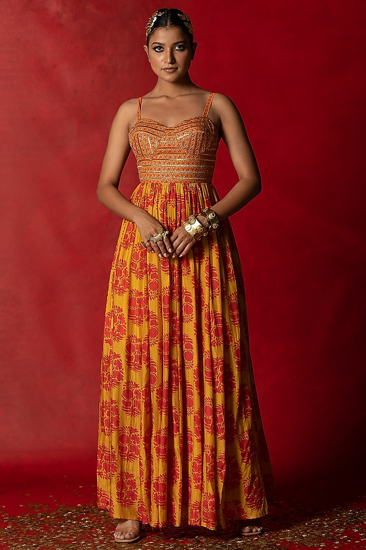 Yellow Printed Maxi Dress by Pooja & Keyur