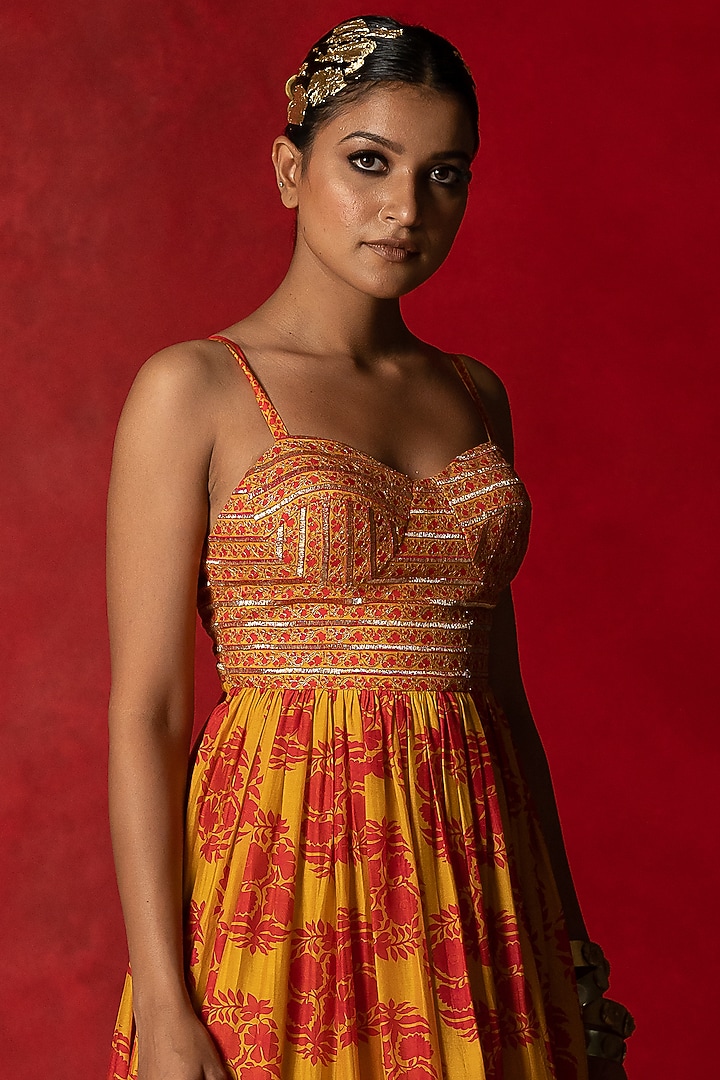 Yellow Printed Maxi Cocktail Dress by Pooja & Keyur at Pernia's Pop Up Shop