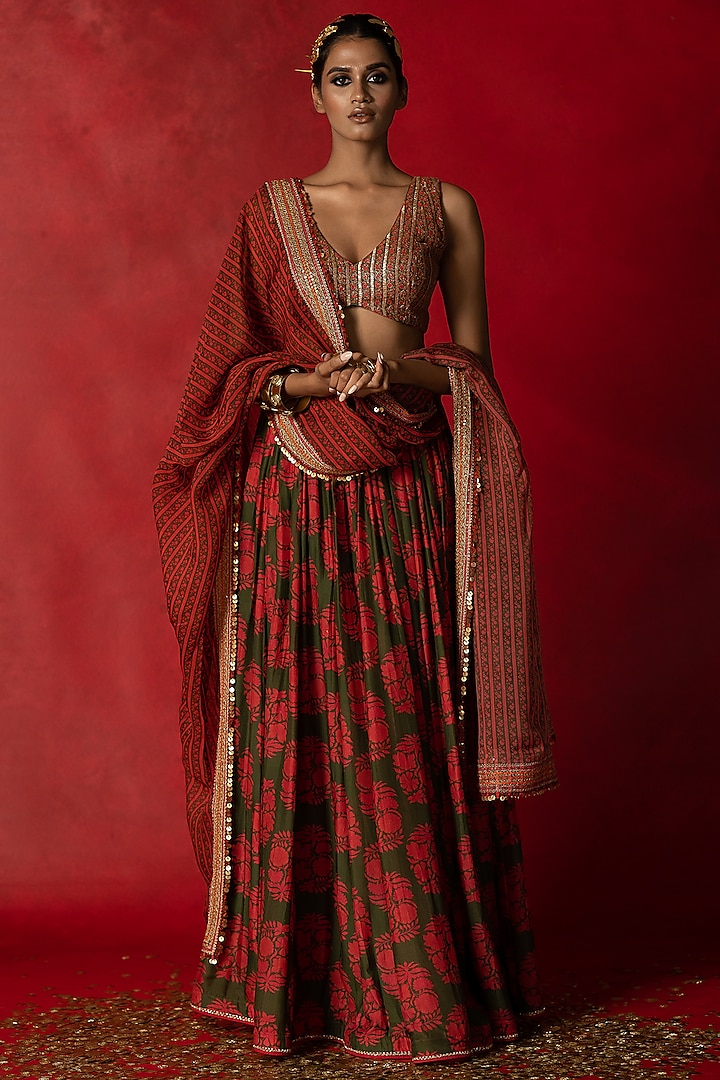 Olive Green Printed Wedding Lehenga Set by Pooja & Keyur at Pernia's Pop Up Shop