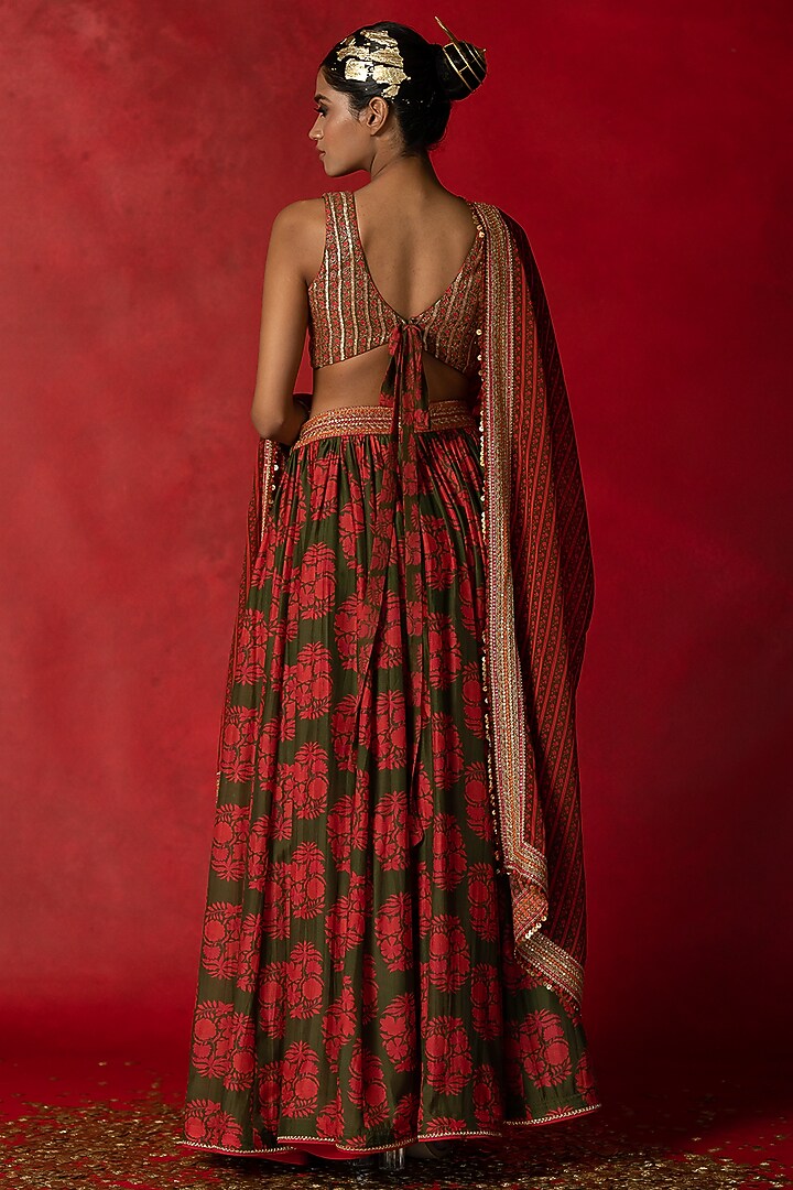 Olive Green Printed Wedding Lehenga Set by Pooja & Keyur at Pernia's Pop Up Shop