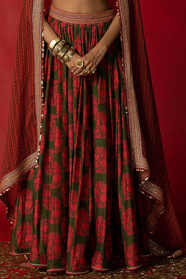 Olive Green Printed Wedding Lehenga Set by Pooja & Keyur at Pernia's Pop Up Shop