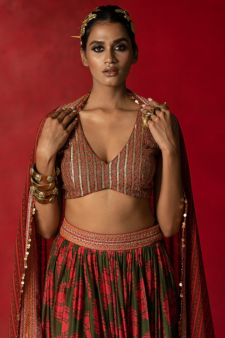 Olive Green Printed Wedding Lehenga Set by Pooja & Keyur at Pernia's Pop Up Shop