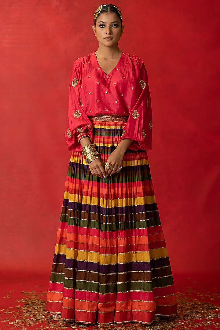 Multi-Colored Printed & Embroidered Lehenga Set by Pooja & Keyur