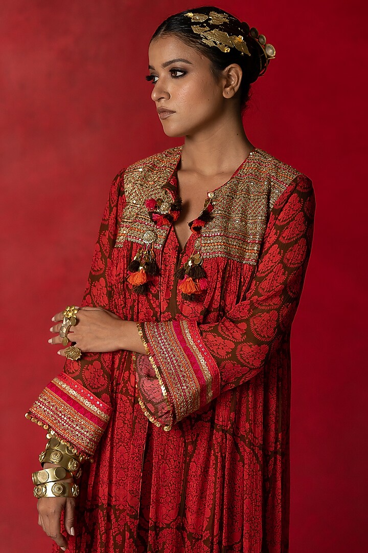 Brown Printed Overlay Jacket by Pooja & Keyur at Pernia's Pop Up Shop