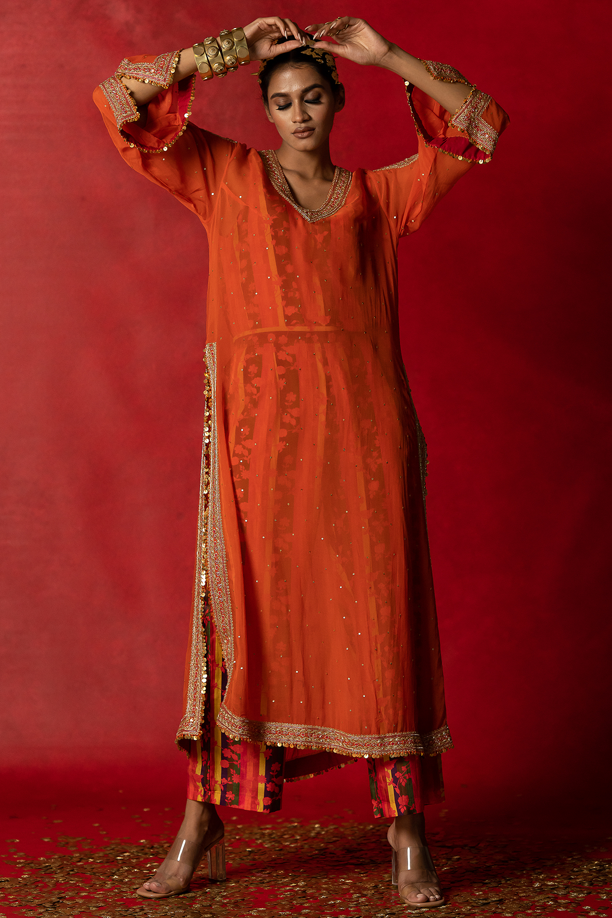 Orange Organza Loose Kurta Set by Pooja & Keyur at Pernia's Pop Up Shop