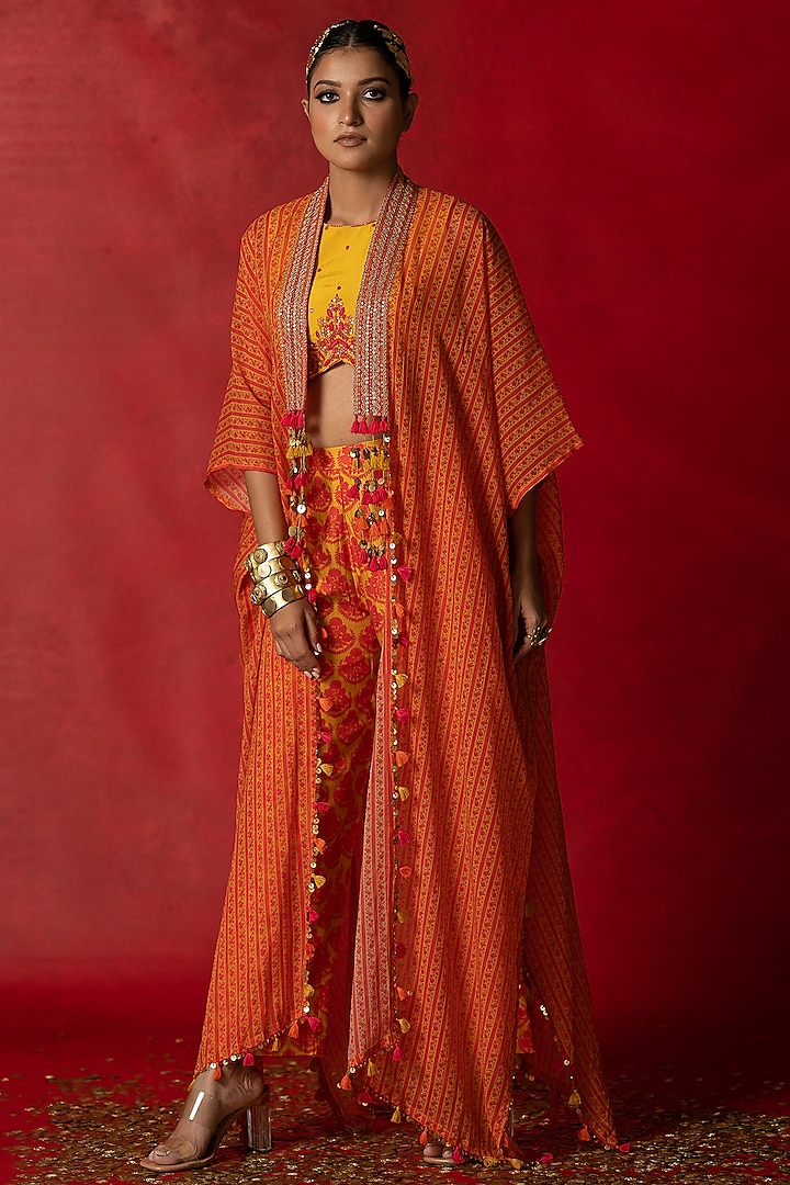 Orange Printed Pant Set With Cape by Pooja & Keyur