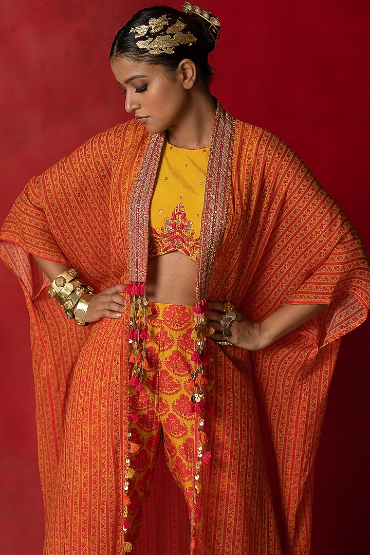 Orange Printed Pant Set With Cape by Pooja & Keyur at Pernia's Pop Up Shop