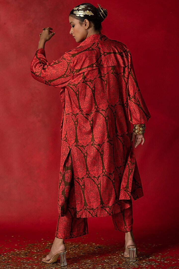 Brown Printed Trench Jacket With Belt by Pooja & Keyur at Pernia's Pop Up Shop