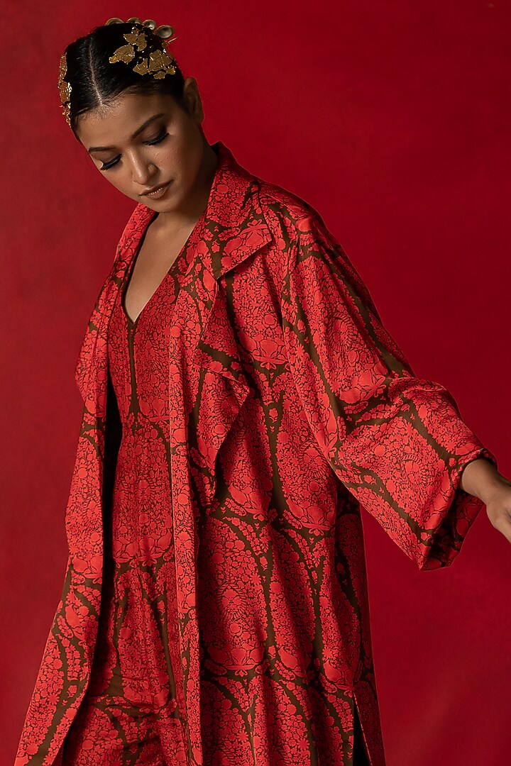 Brown Printed Trench Jacket With Belt by Pooja & Keyur at Pernia's Pop Up Shop