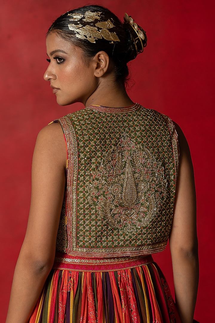 Olive Green Embroidered Jacket by Pooja & Keyur at Pernia's Pop Up Shop