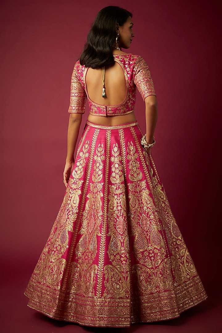 Red Raw Silk Aari Embroidered Bridal Lehenga Set by Pooja & Keyur at Pernia's Pop Up Shop