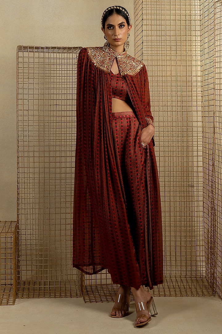 Brown Chiffon Aari Embroidered Jacket Set by Pooja & Keyur