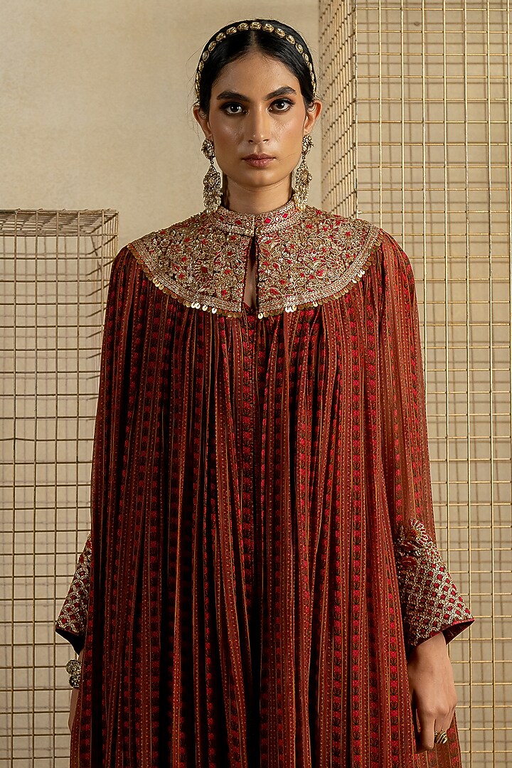 Brown Chiffon Aari Embroidered Jacket Set by Pooja & Keyur at Pernia's Pop Up Shop