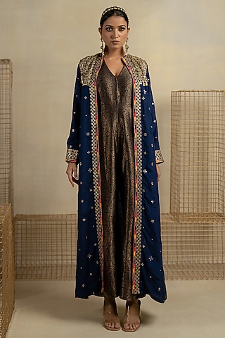 Blue Brocade Jumpsuit With Jacket by Pooja & Keyur