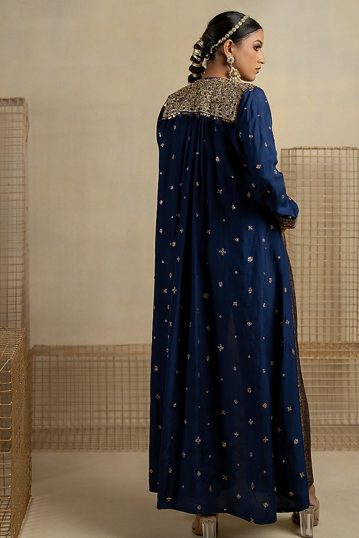 Blue Brocade Jumpsuit With Jacket by Pooja & Keyur at Pernia's Pop Up Shop