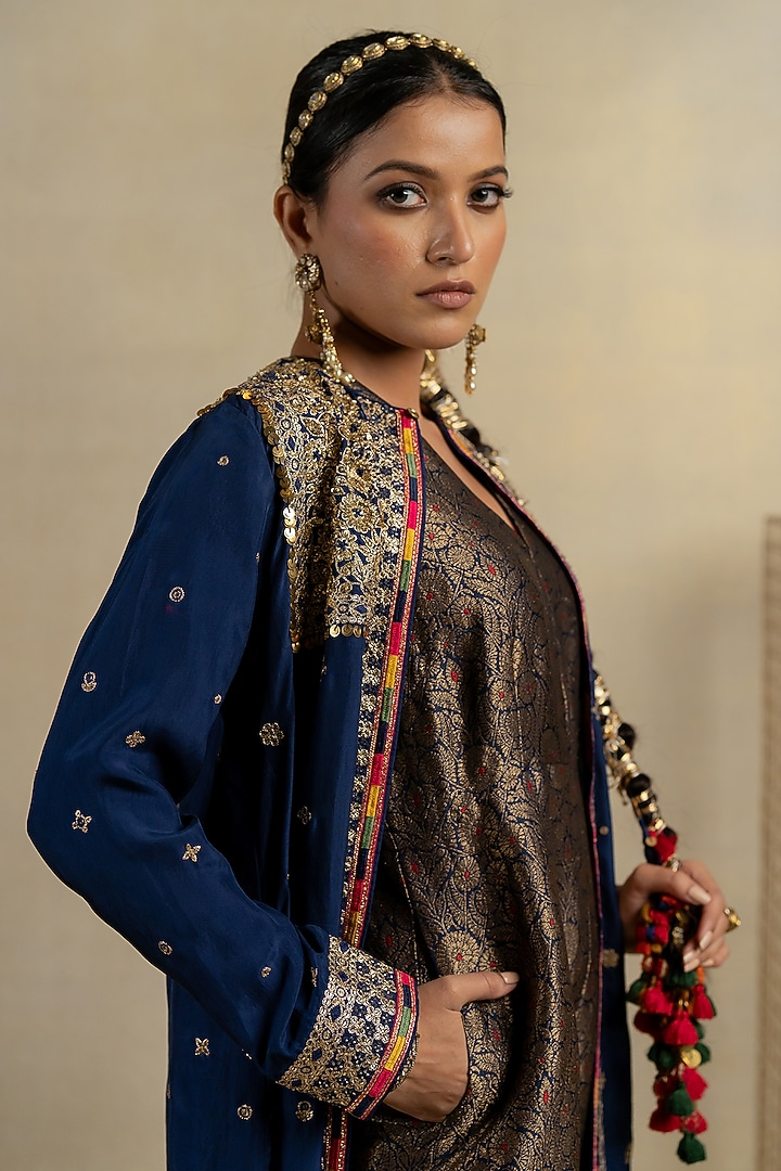 Blue Brocade Jumpsuit With Jacket by Pooja & Keyur at Pernia's Pop Up Shop