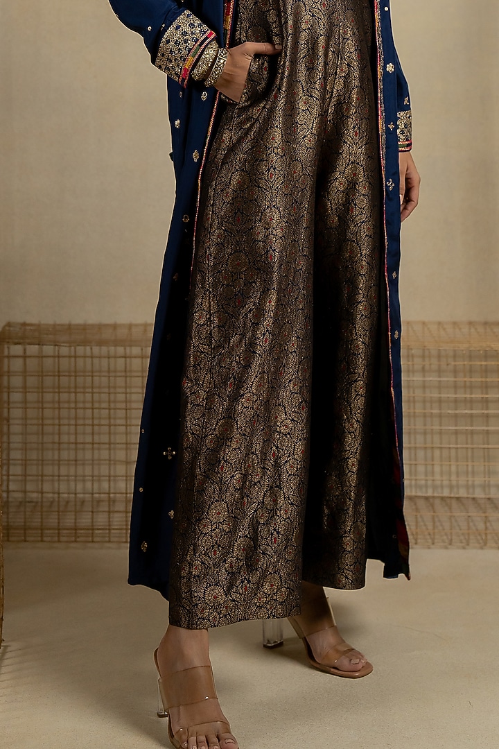 Blue Brocade Jumpsuit With Jacket by Pooja & Keyur at Pernia's Pop Up Shop