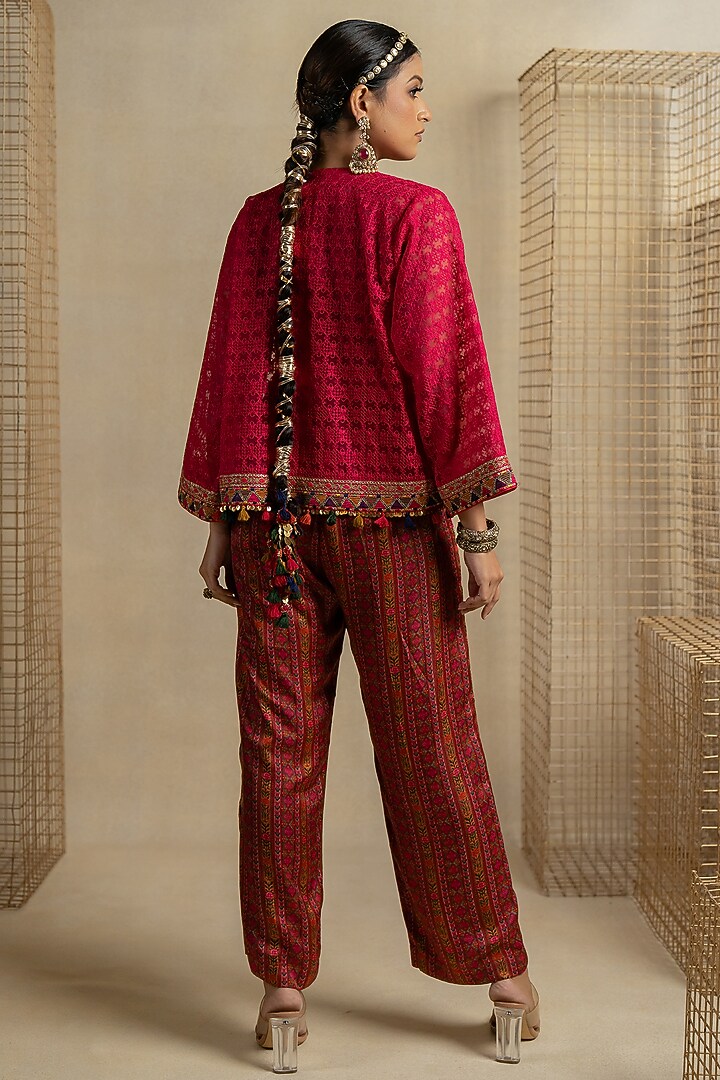 Rani Pink Organza Aari Embroidered Jacket Set by Pooja & Keyur at Pernia's Pop Up Shop