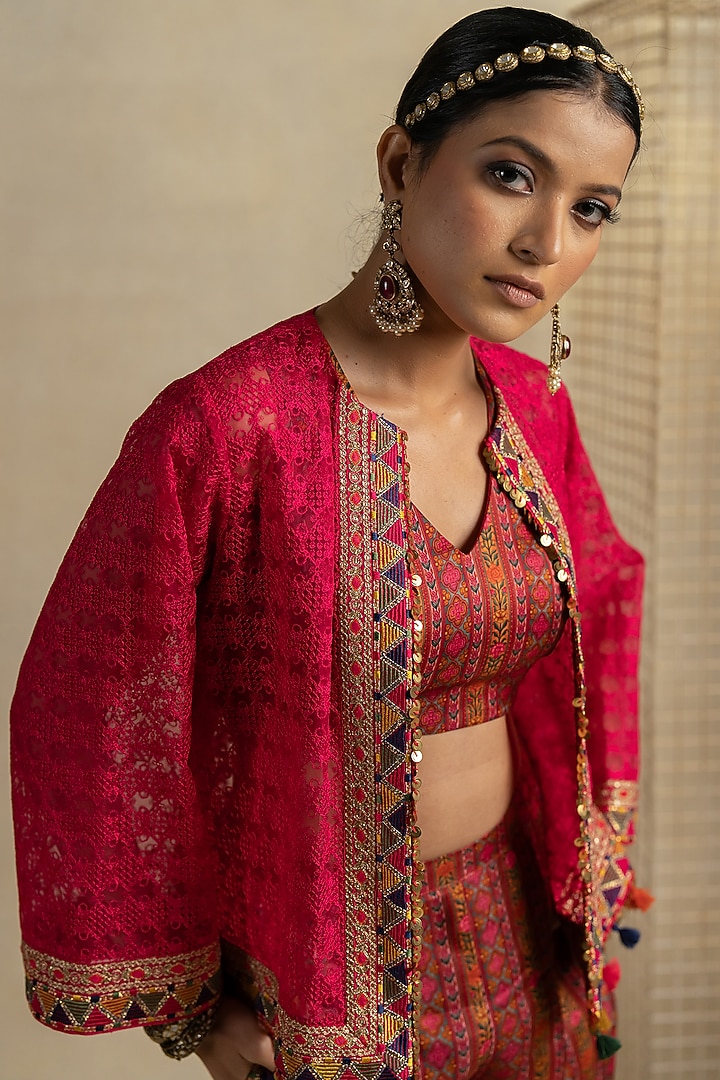 Rani Pink Organza Aari Embroidered Jacket Set by Pooja & Keyur at Pernia's Pop Up Shop
