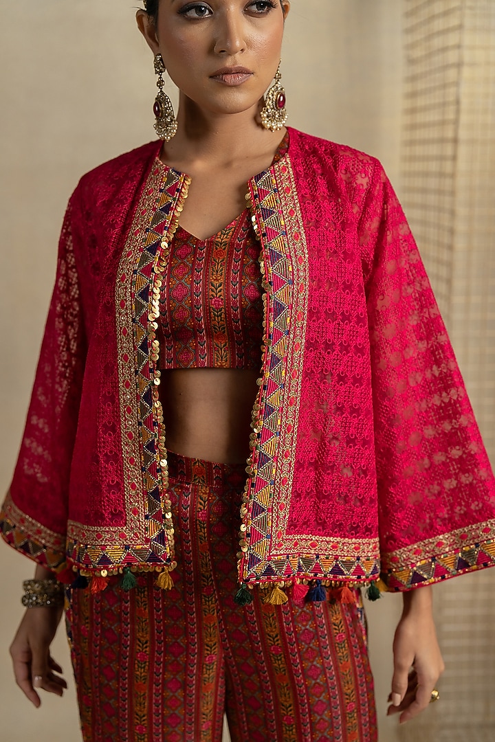 Rani Pink Organza Aari Embroidered Jacket Set by Pooja & Keyur at Pernia's Pop Up Shop