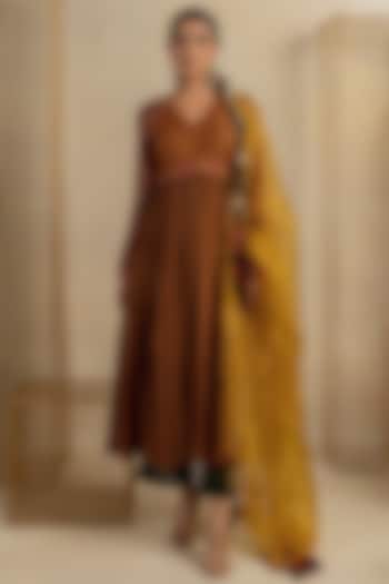 Brown Cotton Silk Wedding Anarkali Set by Pooja & Keyur at Pernia's Pop Up Shop