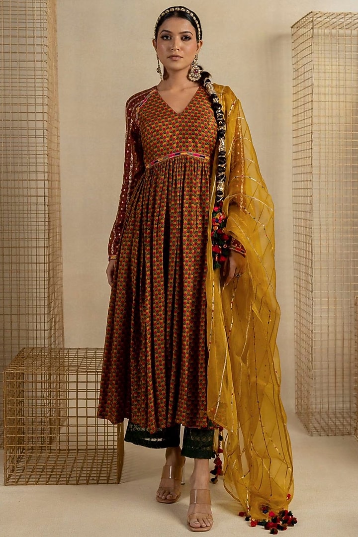 Brown Cotton Silk Wedding Anarkali Set by Pooja & Keyur at Pernia's Pop Up Shop