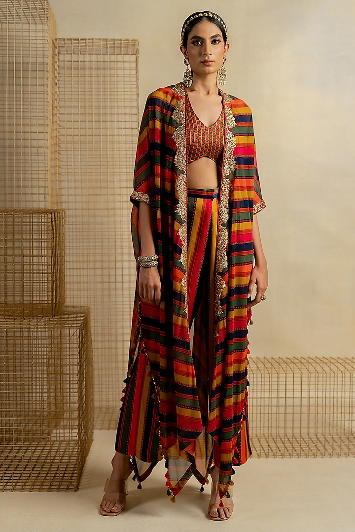 Multi-Colored Organza Aari Embroidered Cape Set by Pooja & Keyur