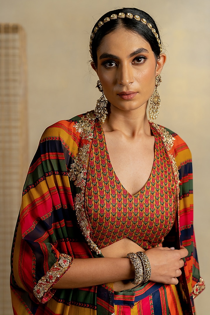 Multi-Colored Organza Aari Embroidered Cape Set by Pooja & Keyur at Pernia's Pop Up Shop