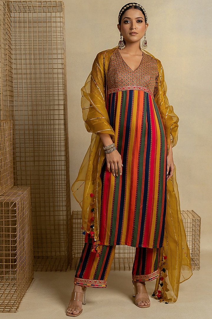 Multi-Colored Satin Aari Embroidered Kurta Set by Pooja & Keyur at Pernia's Pop Up Shop
