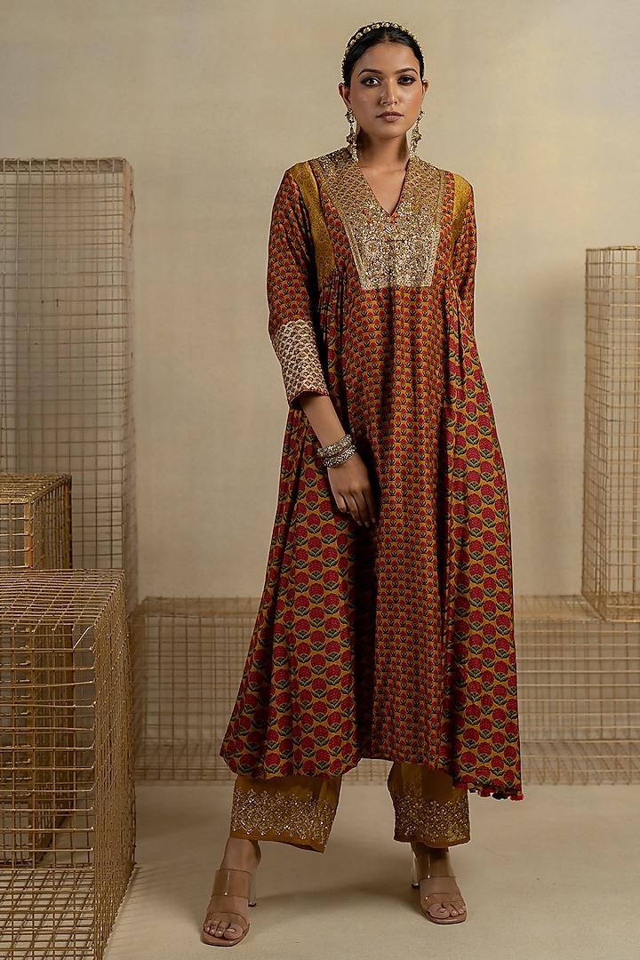 Brown Cotton Silk Aari Embroidered Anarkali Set by Pooja & Keyur