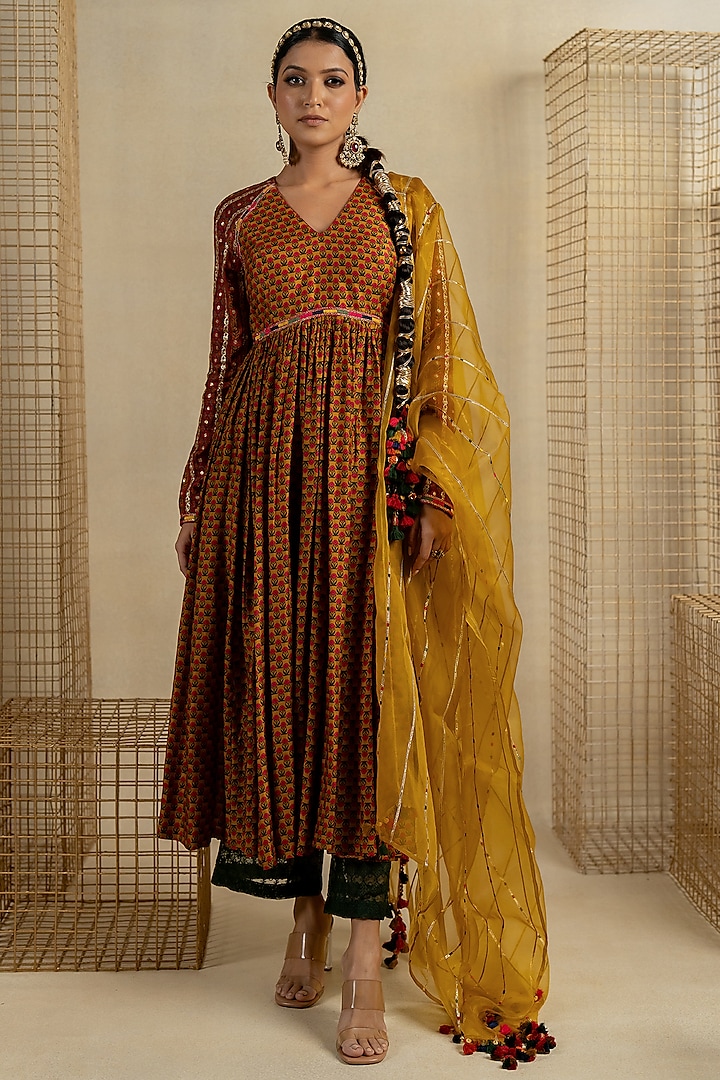 Beige Cotton Silk Aari Embroidered Anarkali Set by Pooja & Keyur