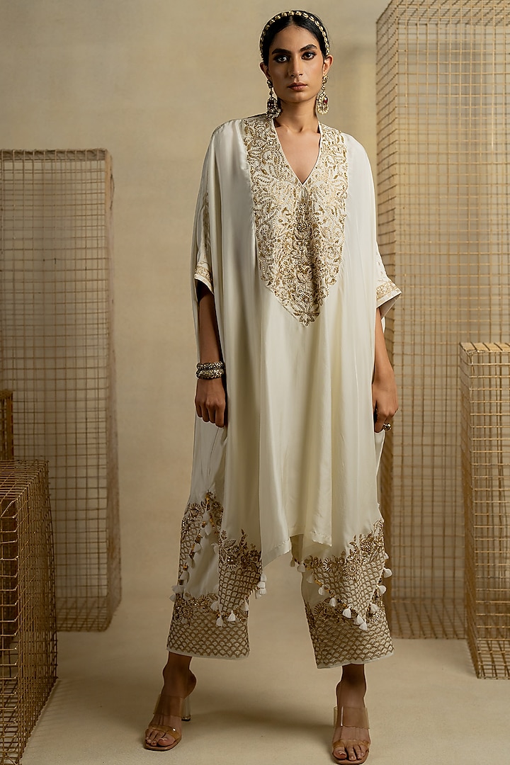 White Silk Aari Embroidered Kaftan Set by Pooja & Keyur