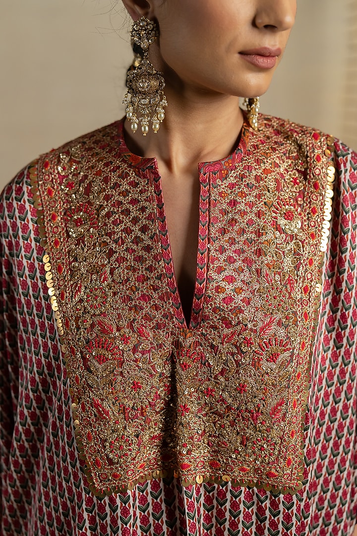 Brown Satin Aari Embroidered Short Kaftan Set by Pooja & Keyur at Pernia's Pop Up Shop