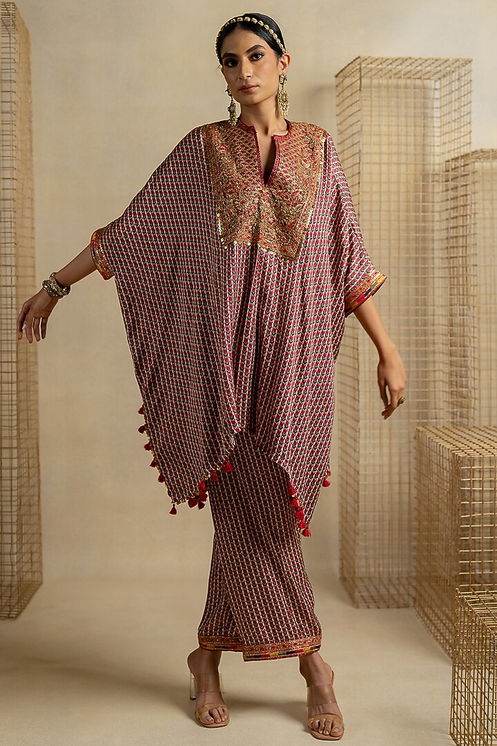 Brown Satin Aari Embroidered Short Kaftan Set by Pooja & Keyur at Pernia's Pop Up Shop
