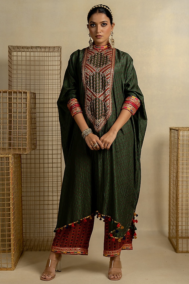 Mehendi Green Silk Aari Embroidered Kaftan Set by Pooja & Keyur