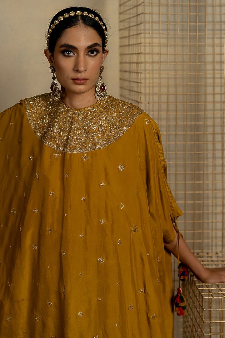 Yellow Silk Aari Embroidered Short Kaftan Set by Pooja & Keyur at Pernia's Pop Up Shop