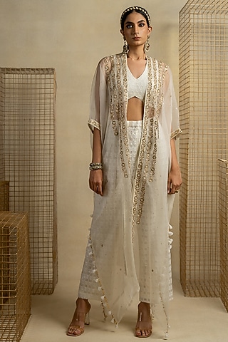White Organza Aari Embroidered Cape Set by Pooja & Keyur