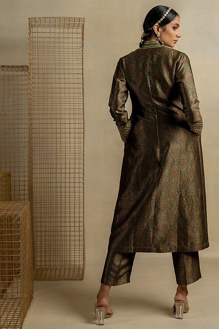 Mehendi Green Brocade Aari Embroidered Jacket Set by Pooja & Keyur at Pernia's Pop Up Shop